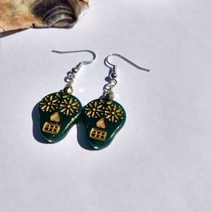Emerald Green and Gold Sugar Skull Earrings
